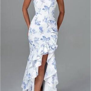 Strapless White Dress with Light Blue Floral Print and Ruffled High-Low Hem